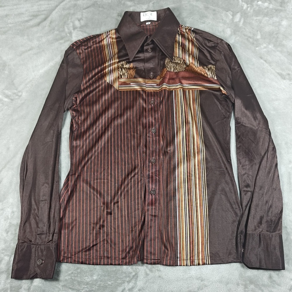 Vintage RK II Roland Kosser Shirt Men Medium Stripe Landscape Disco 70s Art Deco